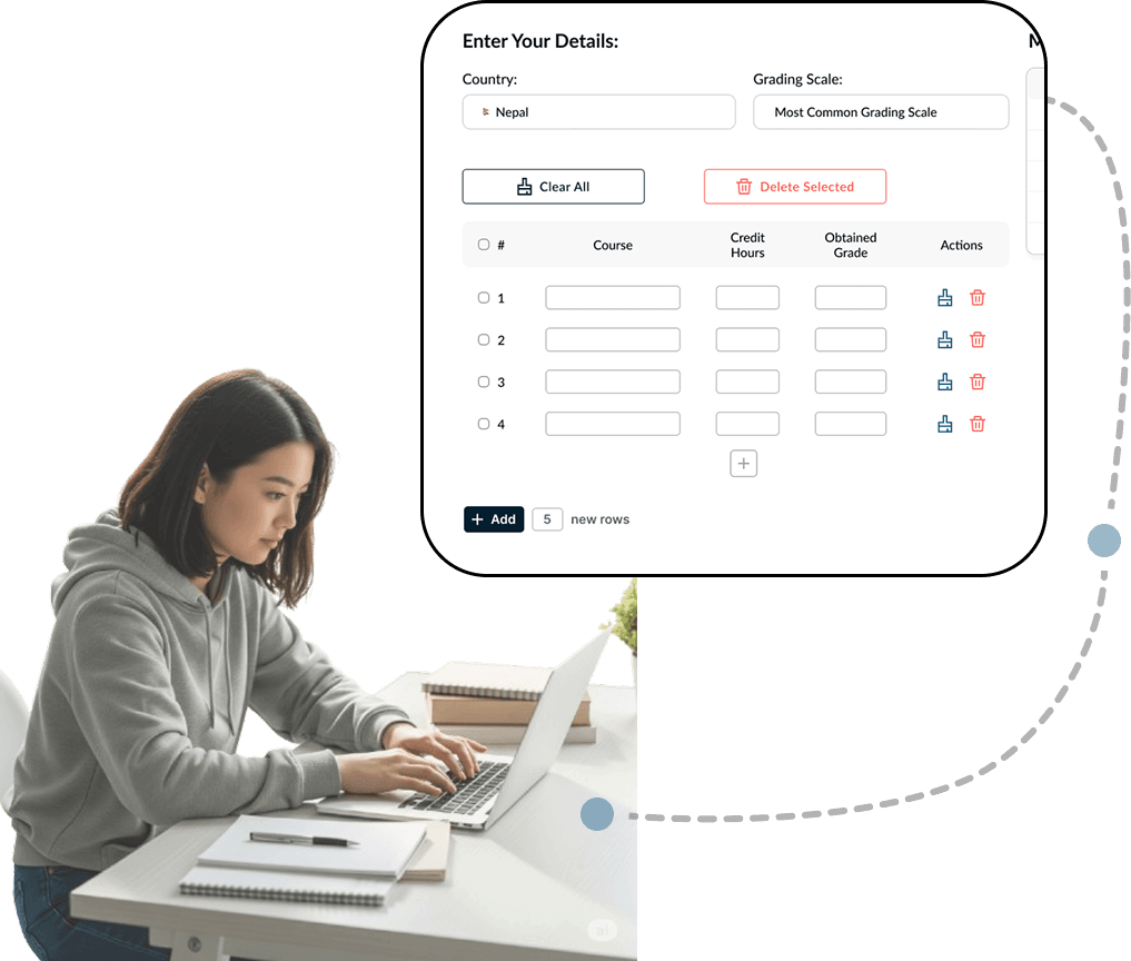 A focused student calculates GPA with the MyEvaluationPal tool, simplifying academic performance tracking for international admissions