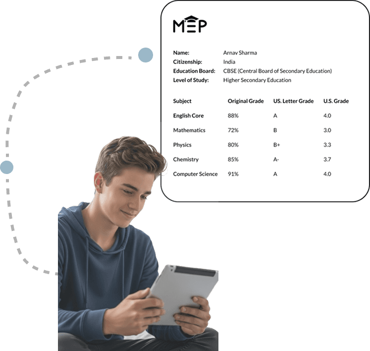 Happy international student reviewing GPA conversion report from MyEvaluationPal